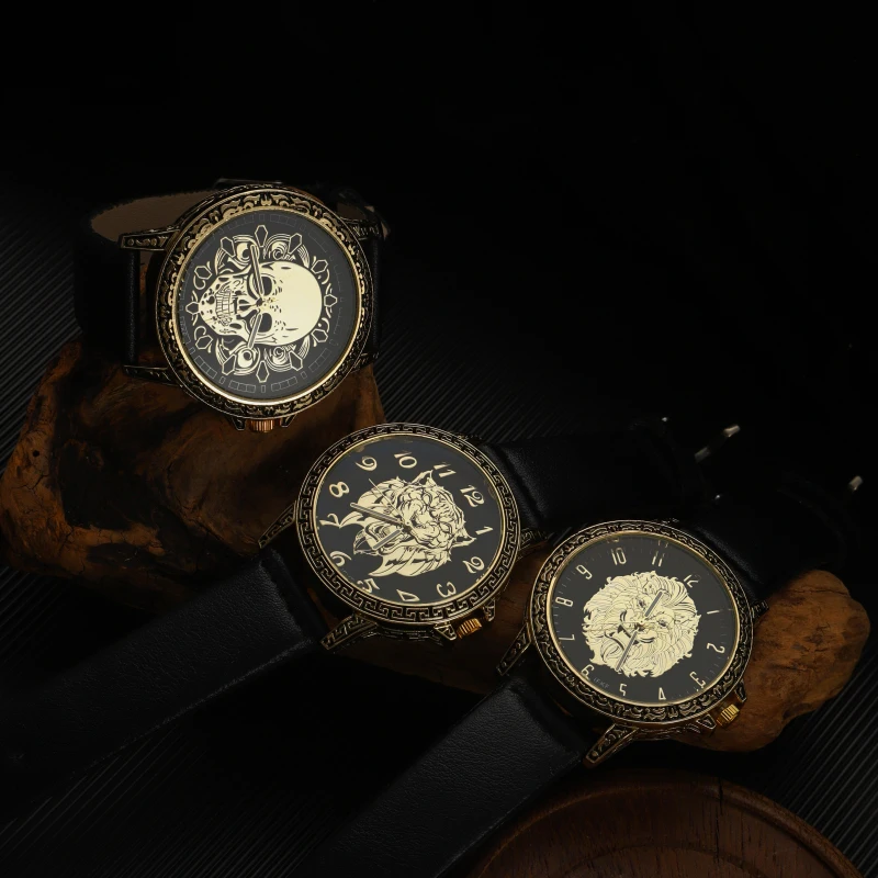 new Gold Skull Lion Tiger Men luxury business Military Quartz watch golden stainless steel band men watches male clock Relogio