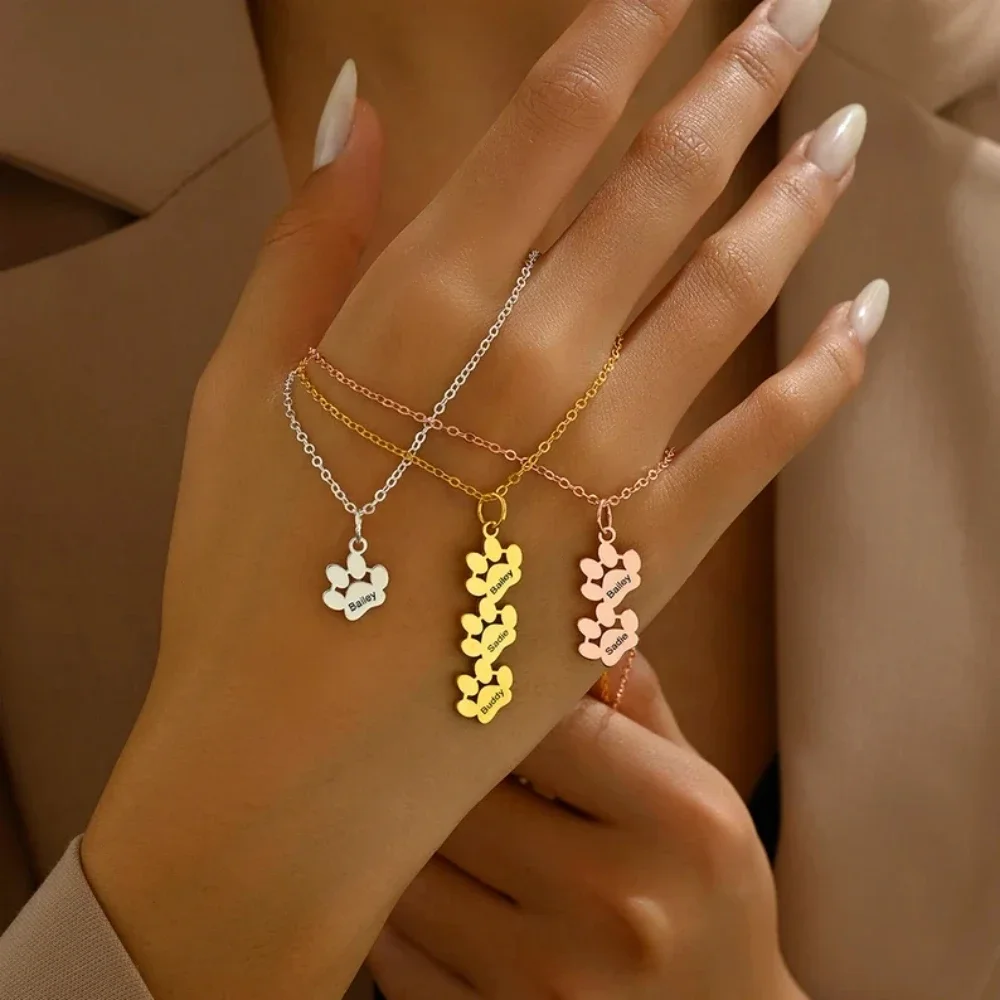 Personalized Engraved Name Women Stainless Steel Necklaces Custom Nameplate Cute Dog Paw Prints Pendant Necklace Jewelry Gifts