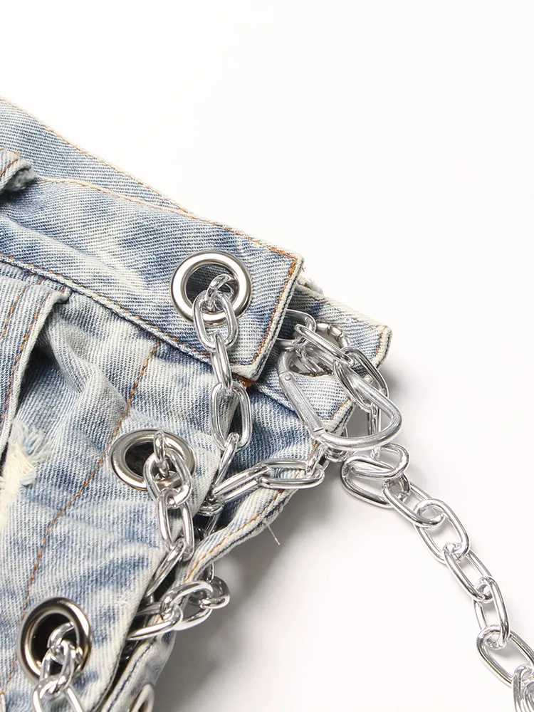 KBQ Hollow Out Spliced Chain Shorts For Women High Waist Patchwork Raw Hem Solid Streetwear Loose Denim Short Trousers Female