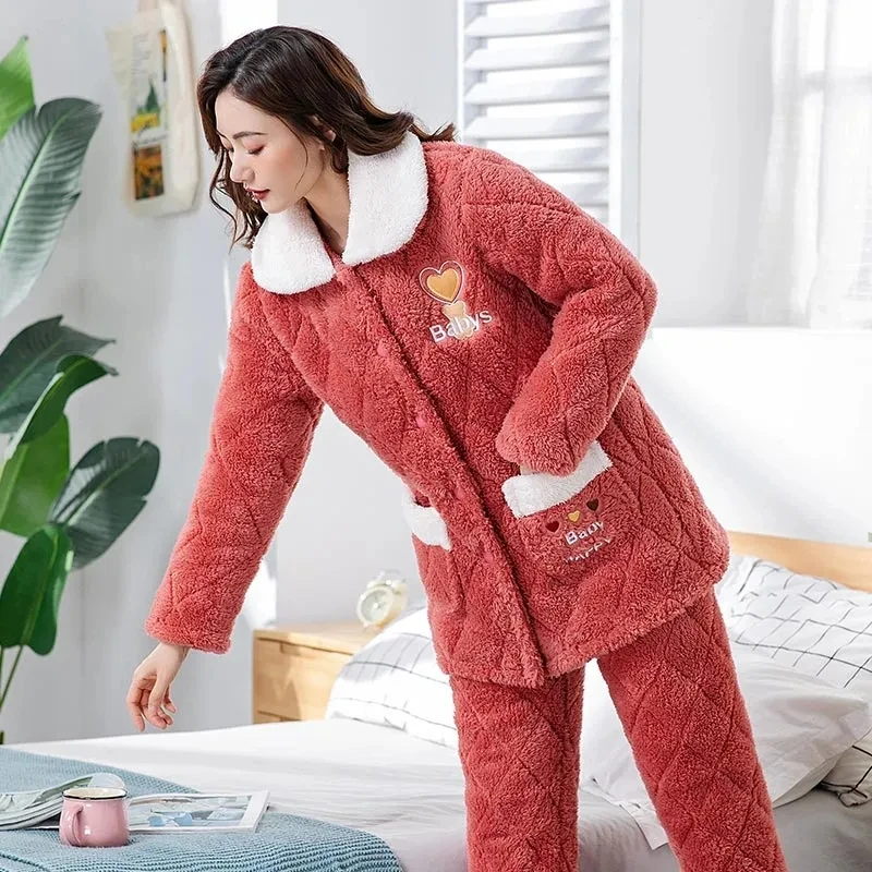 Pajamas Women's Winter Three-Layer Quilted Thickened Pajamas Long Plush Medium Long Hooded Plush Warm Home Clothes Suit Female