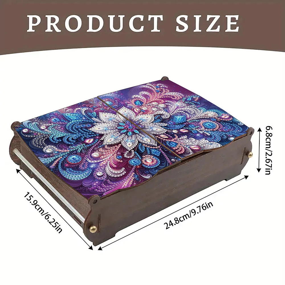 Wooden Rhinestones Decorative Storage Box DIY Diamond Painting Colored Pattern Wood Case Crystal Storage Case Kit for Home Decor
