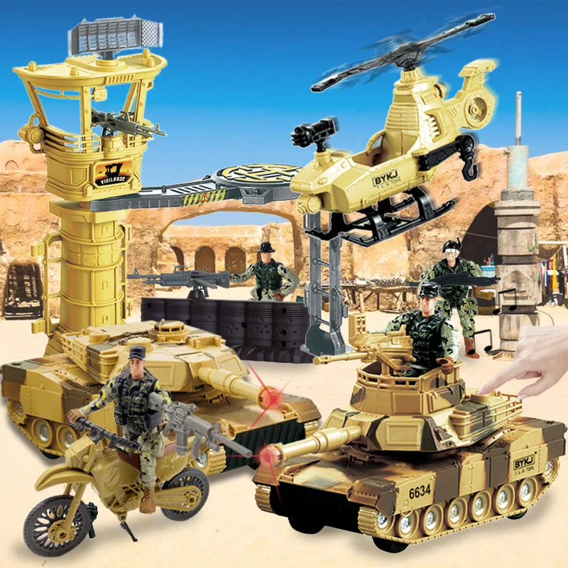 

WW2 Desert Military Toys Vehicles Soldiers Tank Sets Observation Tower Arms Helicopter Motorcycle Toys for Boys Christmas Gift