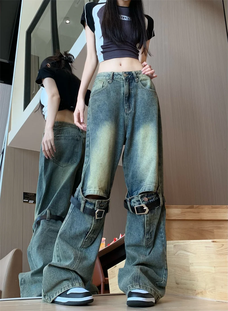 цена American Distressed High Waisted Hollowed Out Patchwork Belt Jeans For Women's Autumn New High Street Denim Trousers