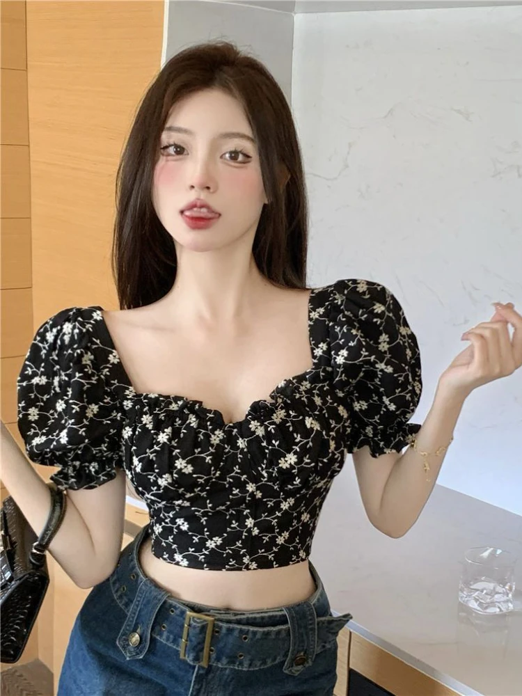 Floral Puff Short Sleeve Blouses Women Summer Thin Crop Tops
