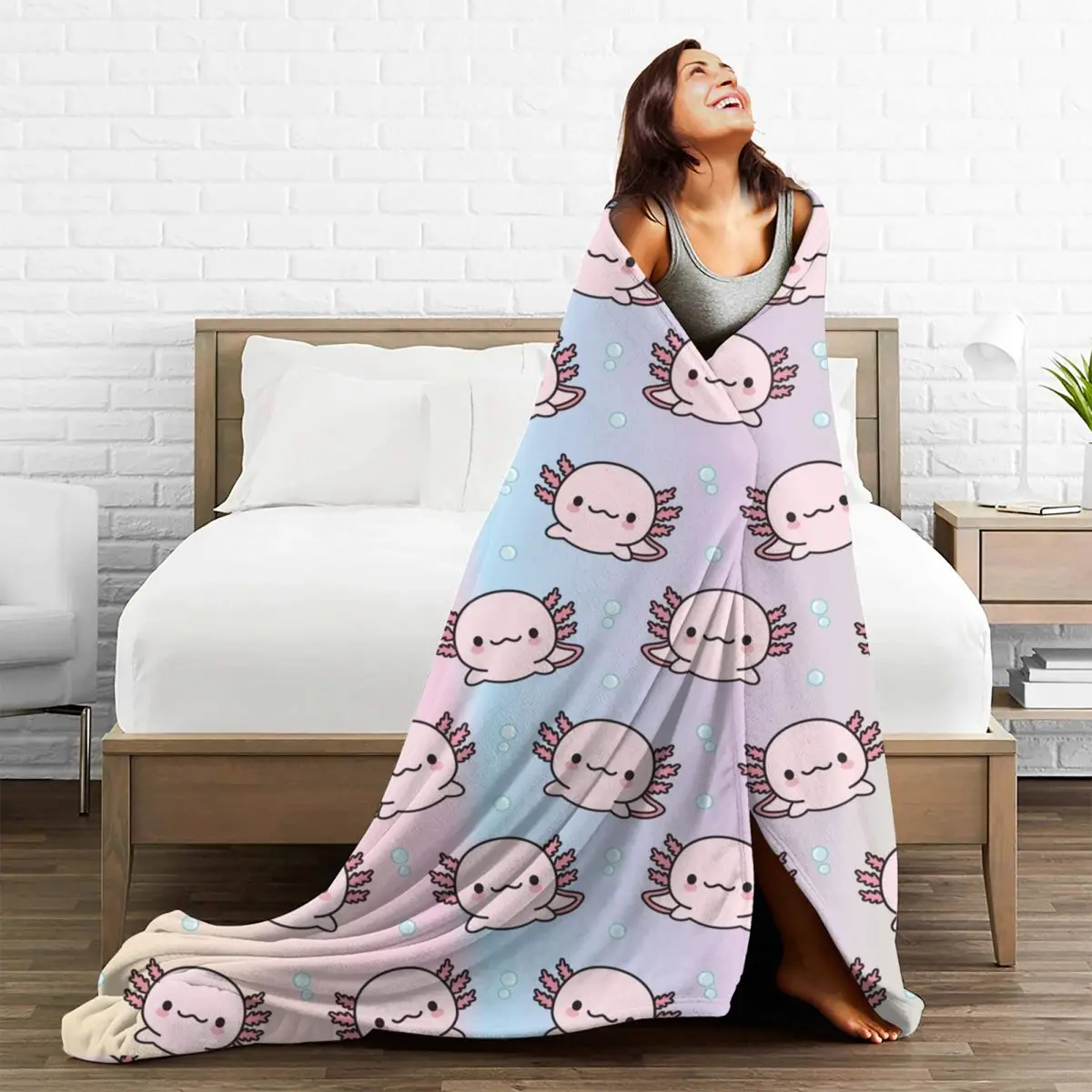 Cute Axolotl Fleece Throw Blankets Salamander Animal Blanket for Sofa Office Soft Plush Thin Quilt
