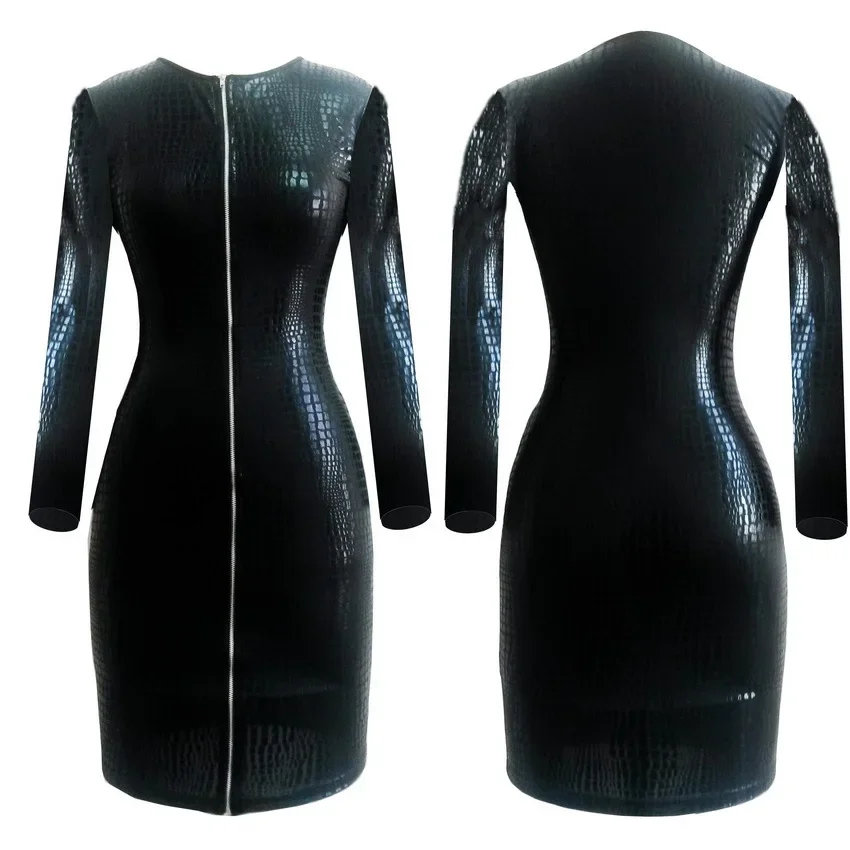 

Women PVC Leather Dress Clothing Sexy Black Snakeskin Faux Leather Zipper Dress Summer Zipper Bodycon Dress