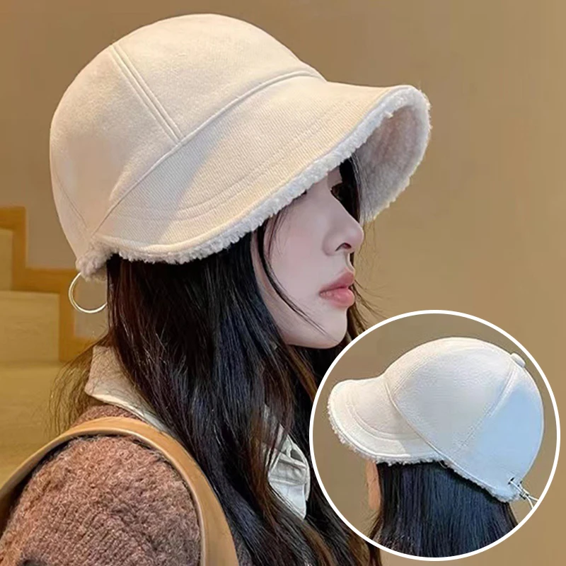 

Wide Brim Bucket Hats Women's Lamb Wool Fisherman Hat Winter Thicken Plush Lining Duck Tongue Cap Korean Casual Versatile Visors