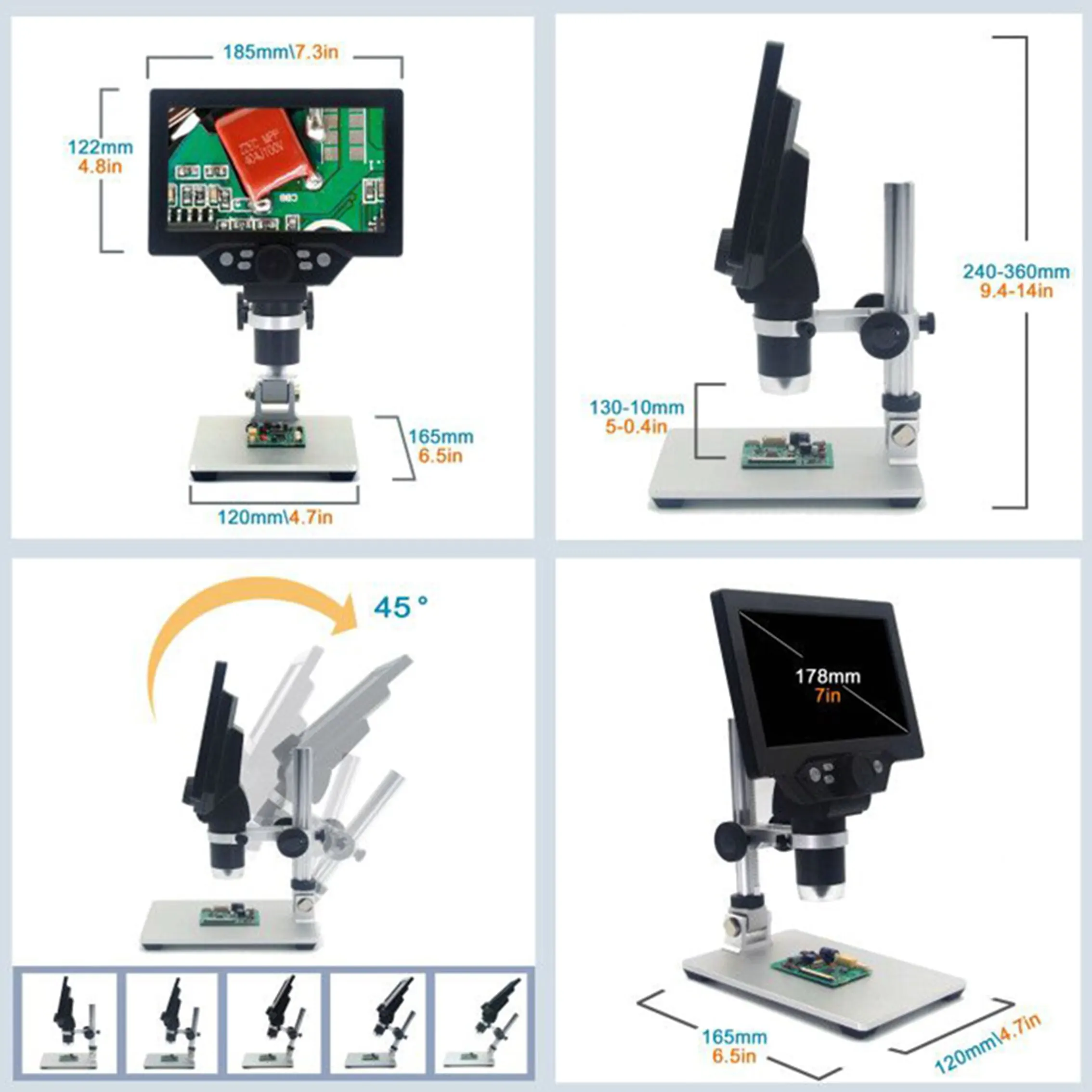 Microscopio digitale 1200X microscopi Video elettronici da 12mp supporto in metallo con lente d'ingrandimento per riparazione telefono con saldatura LCD HD da 7 pollici