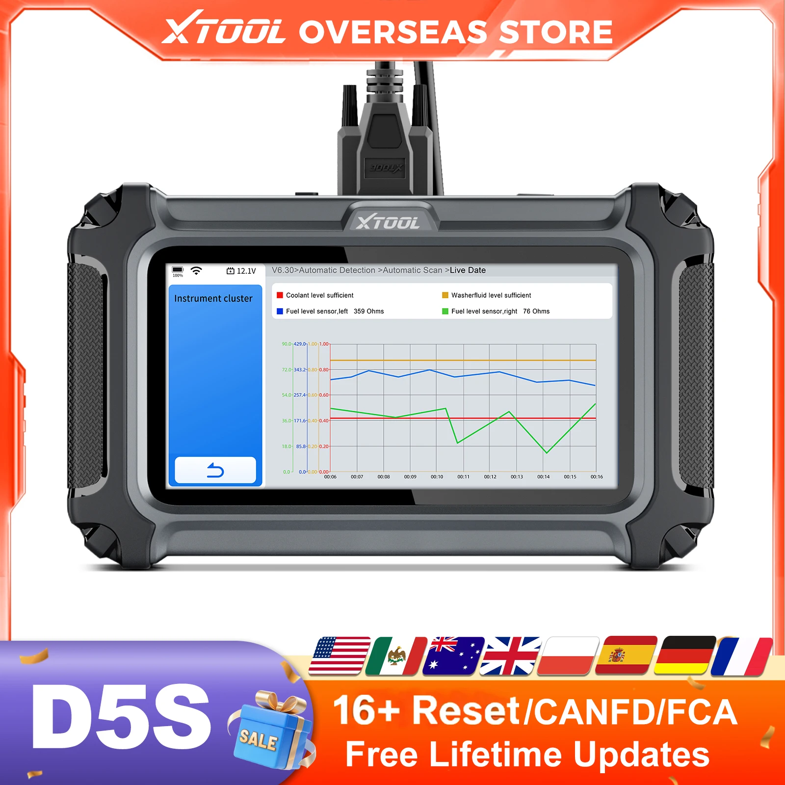 XTOOL D5S Car Diagnostic Tool 5 System Automatic OBD2 Scanner 4-IN-1 Live Data with 16+ Reset Functions with CANFD FCA Protocol Lifetime Free Update