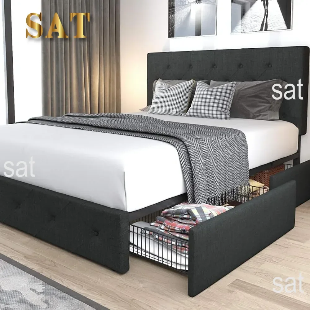 Upholstered Queen Platform Bed Frame, With 4 storage drawers and headboard, Diamond sewn button tufting, Base wood slat support