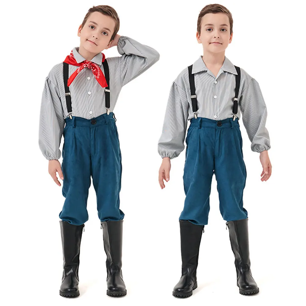 Umorden Colonial Village Farm Prairie Pioneer Boy Costume for Boys Child Tween Teens Striped Top Suspenders Set 2 Color