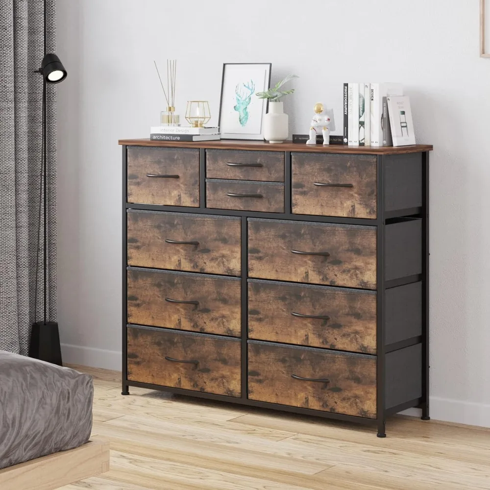 

10-Drawer Dresser, Fabric Storage Dressers for Bedroom, Hallway, Nursery, Closets, Steel Frame, Wood Top, Easy Pull Handle