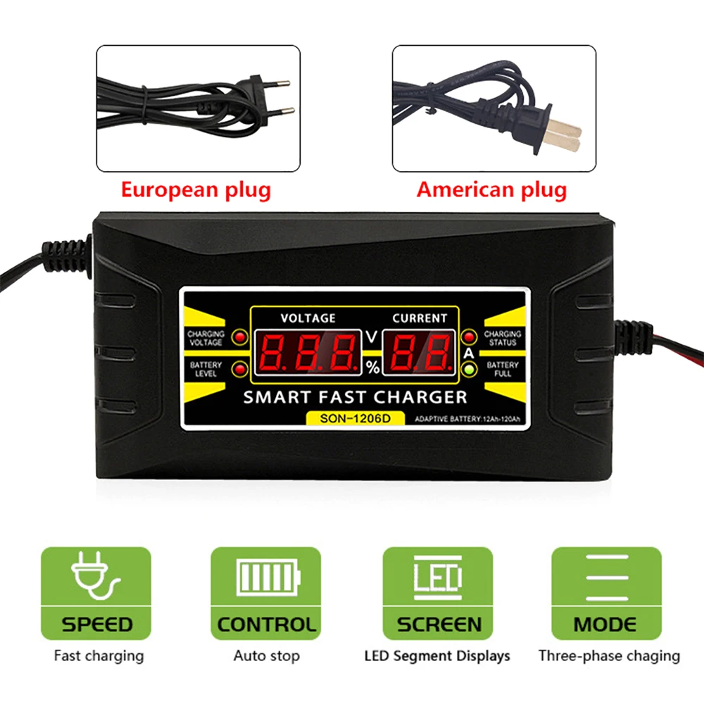 Full Automatic Car Battery Charger Lead Acid Battery-chargers LCD Display US EU Plug 150V-250V 12V 6A Smart Fast Power Charging