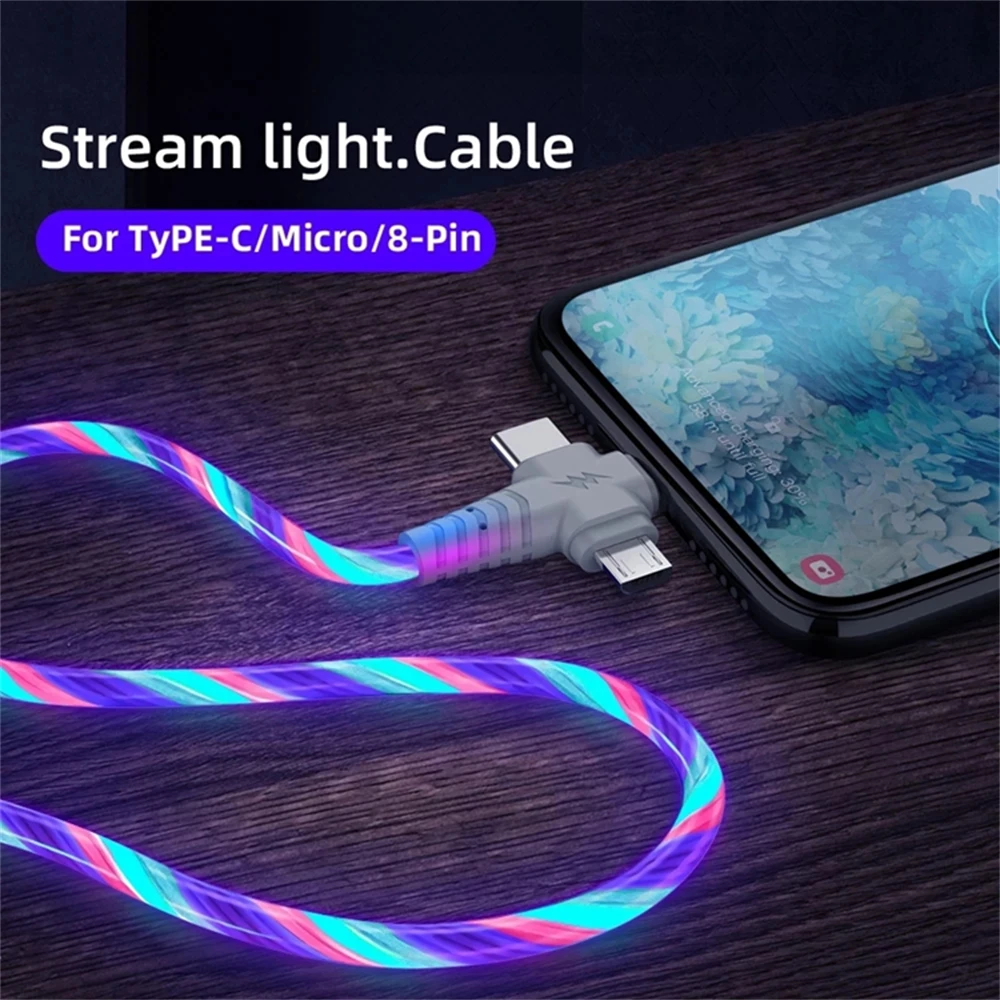 3in1 Flow Luminous Lighting usb cable for iPhone 13 12 11 Pro 3 in 1 2in1  LED Micro USB Type C 8-Pin charger for Huawei Xiaomi - AliExpress