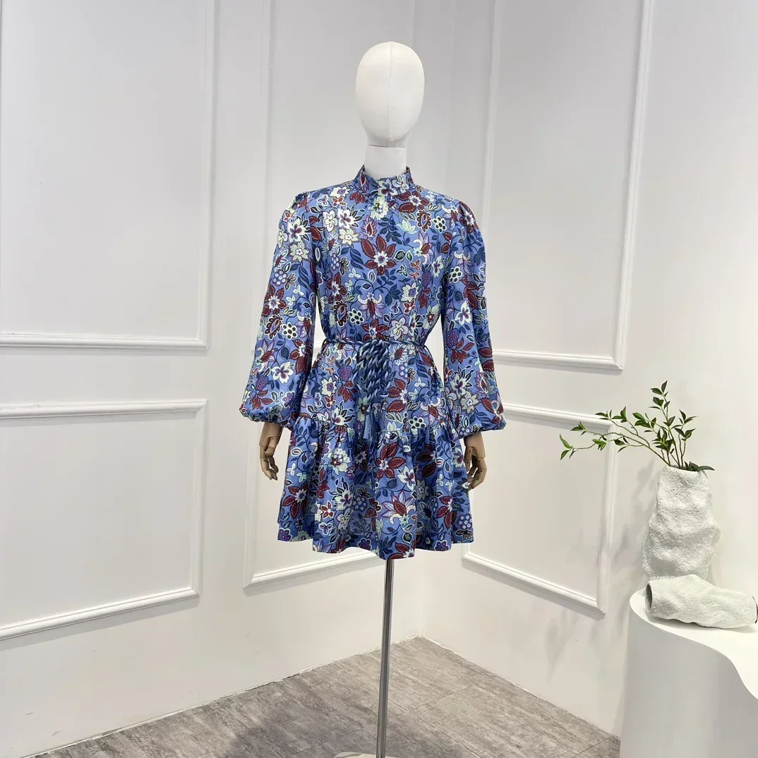 

2023 New Autumn Linen Top Quality Blue Floral Printing Long Lantern Sleeve Woman Vintage Casual Mini Dress