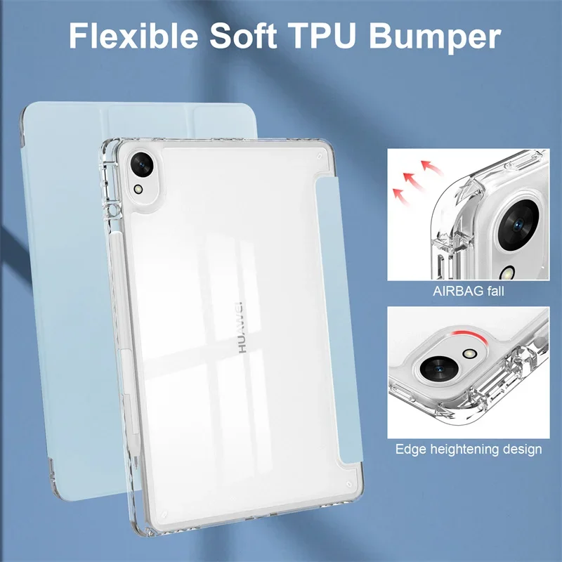 Enhanced Trifold Stand Tablet Case with Pencil Holder and Clear Acrylic Back Cover
