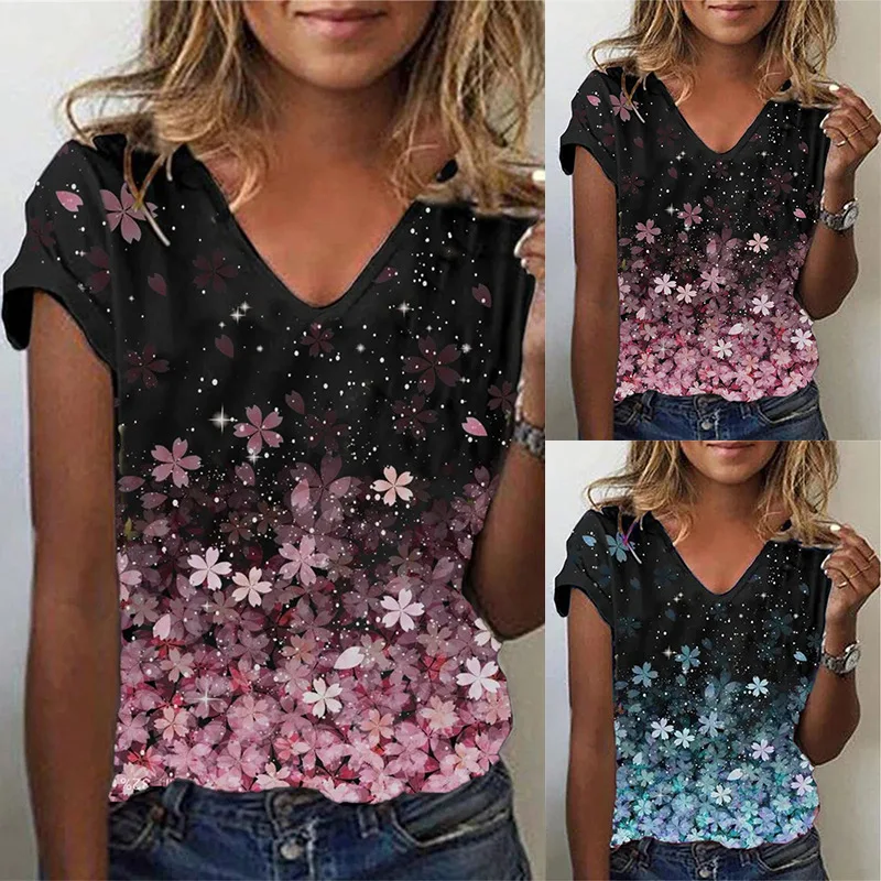 

2023 Summer Women's Flower Print Short Sleeve V-Neck T-shirt Female & Lady Fashion Casual All-match Tops Shirts
