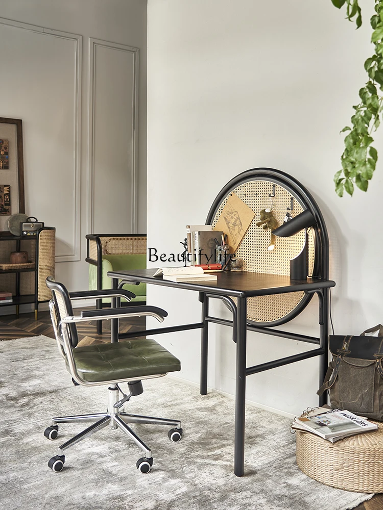 

Nordic Solid Wood Rattan Drawer Desk Small Apartment Home Retro Bedroom Log Makeup Table