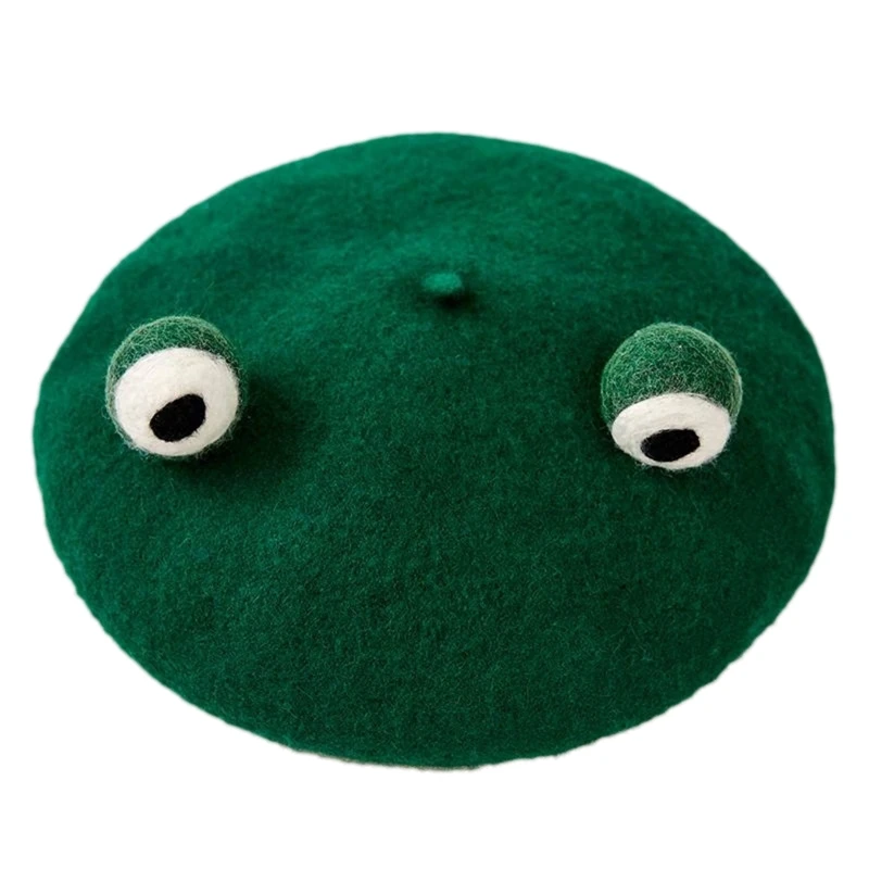 

YIYI Wool French Artist Pumpkin Hat Simple Solid Color Green for Frog Eyes Beanie Cap Fall Winter for Adults Women