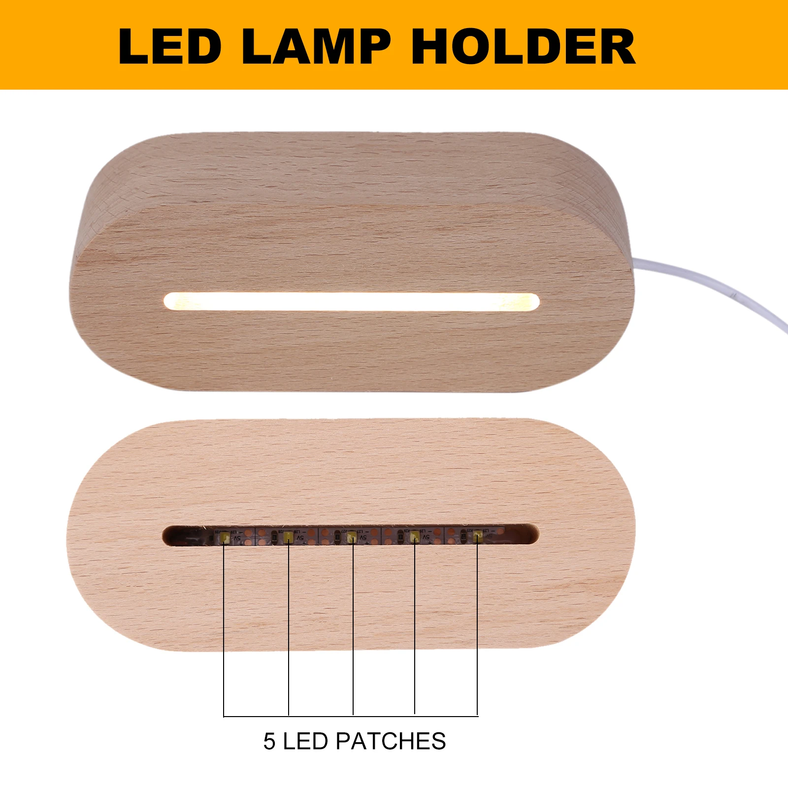 5pcs Rectangle Solid Wooden LED Base Strip Luminous Base USB Lighted Display Stand for Resin Letter Lamp Glass Resin Art Lights