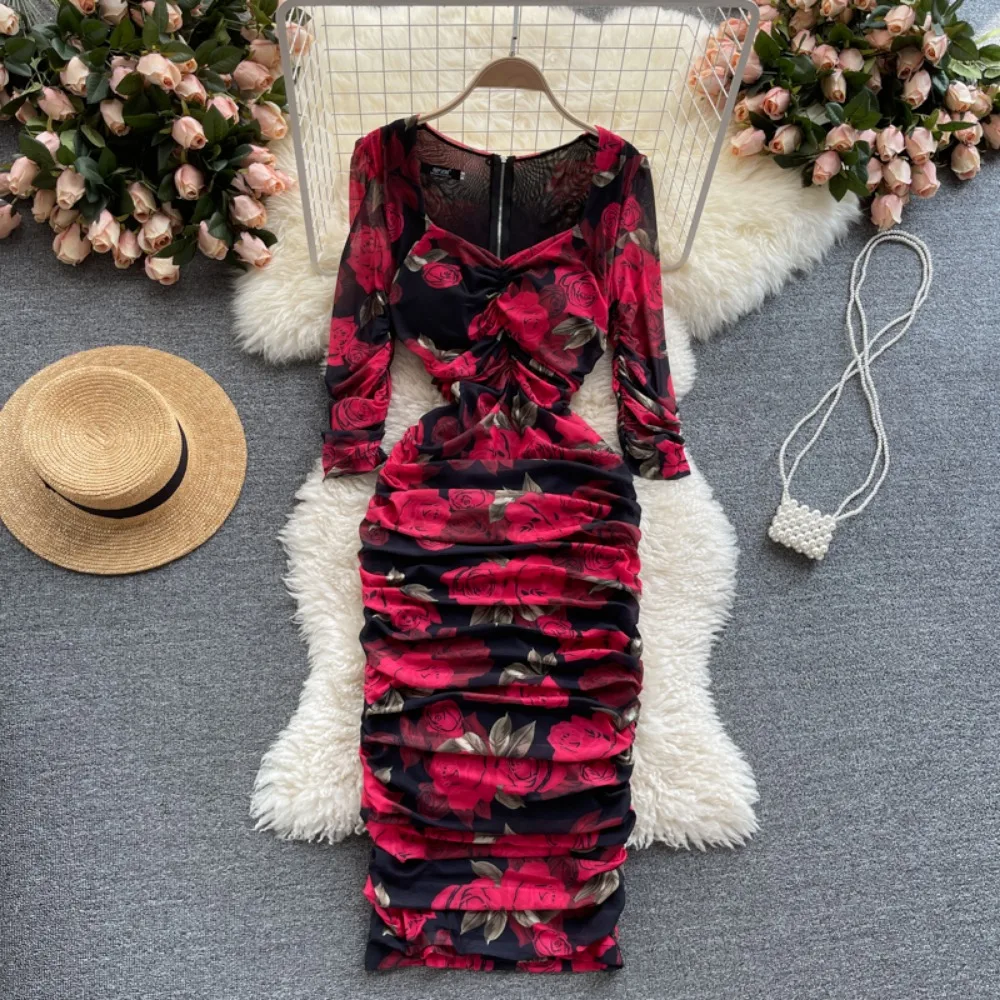 Sexy Bodycon Pleated Print Long Sleeve Dress Chic Elegant Vestidos ...