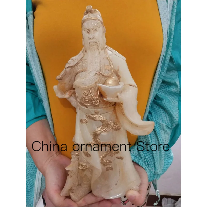 

12" Chinese Old White Jade Hand-carved Warrior War God Guanyu Guangong Statue