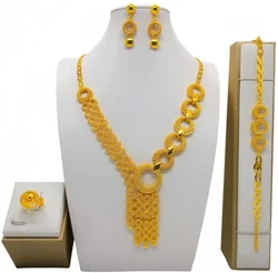 Fashion Gold Color Drop Earrings Necklace Set for Women Dubai African Luxury Bead Hollow Design Bracelet Wedding Party Jewelry