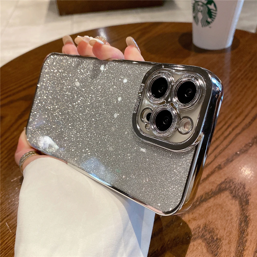 thumbnail image 1 of Luxury Plating Silicone Glitter Transparent Case For iPhone 15 14 11 12 13 Pro Max Mini XR X XS 6 7 8 Plus SE Shockproof Cover, 1 of 5