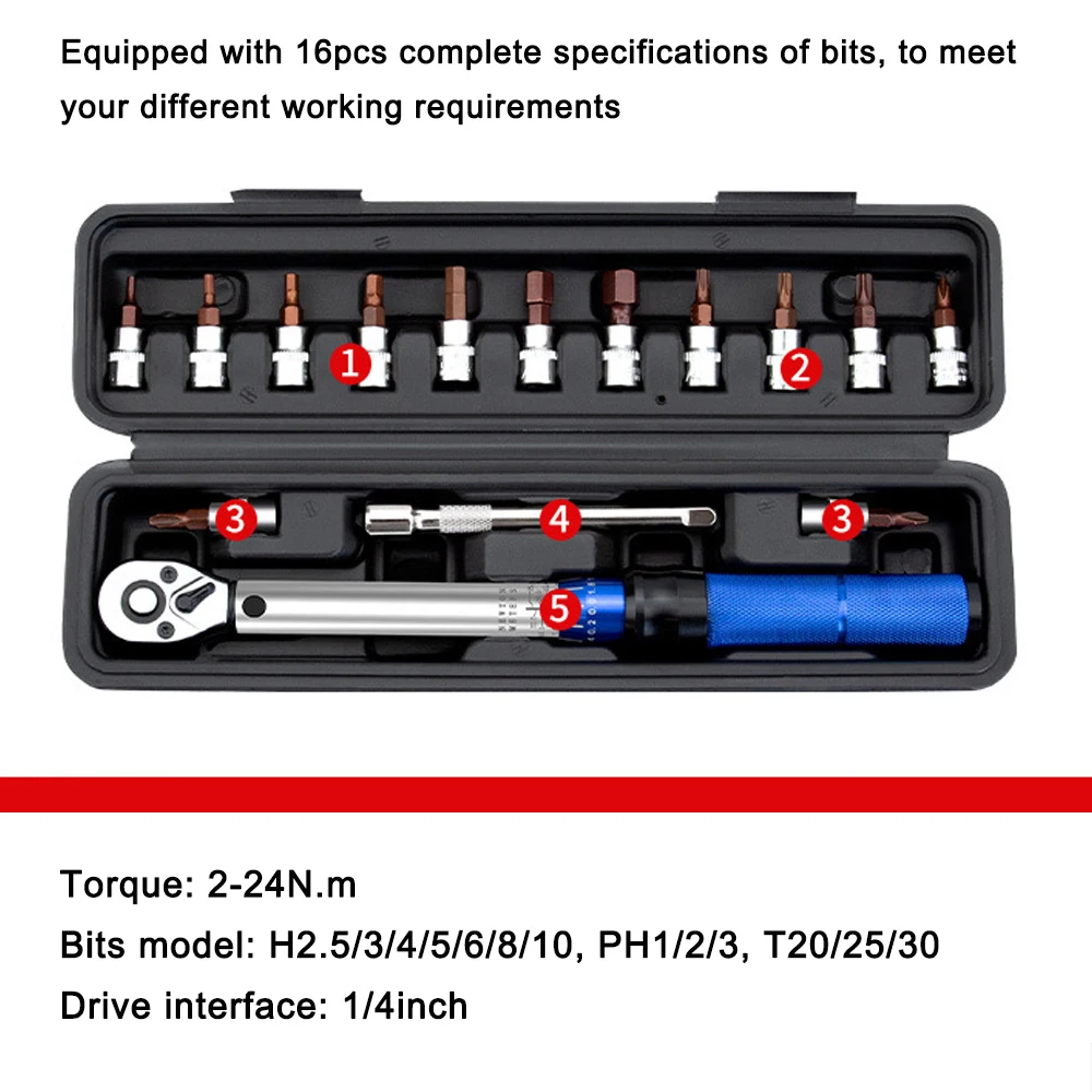 16PCS Torque Wrench High Precise Torque Preset Wrenches 2-24N.m Torque Adjustable 1/4inch Ratchet Wrench Car Repairing Tool 6