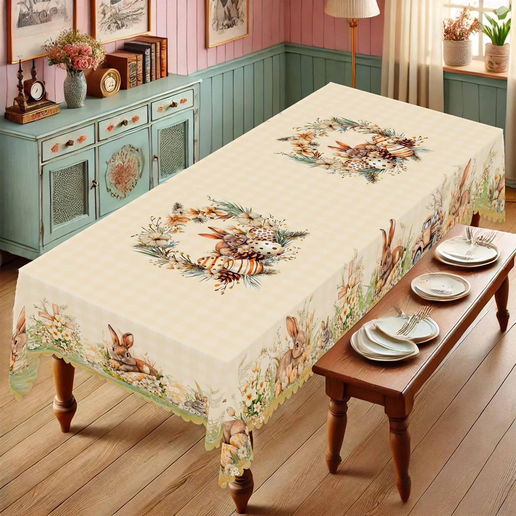 1 Easter Spring Round Tablecloth, 5 Sizes Available, Cross Rabbit Egg Pattern Printed Tablecloth, Edge Embossing Process, Spring Garden Tablecloth Decoration, Tablecloth for Daily Home Kitchen, Terrace Use, Spring Decoration 4
