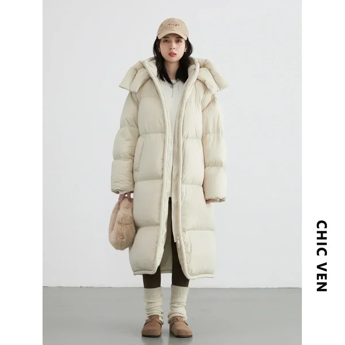 Women's Down Jacket CHIC VEN Long Down Coats Hooked Loose Solid Thick Soft Warm Female Overcoat Autumn Winter