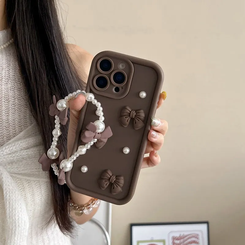 Elegant Bow Tie Pearl Chain Rope Phone Case - Soft Cover