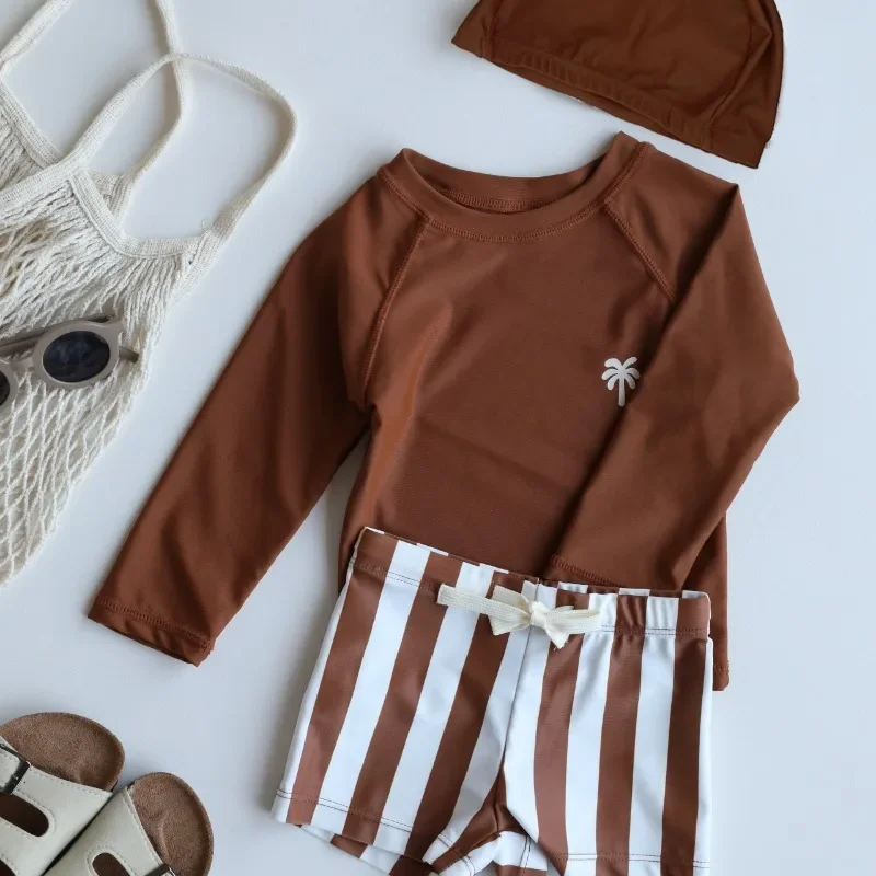 New Summer Baby Boys Sun Protection Swimsuit Round Collar Raglan Long Sleeve Top+Swimming Trunks kids Quick drying clothes A8145