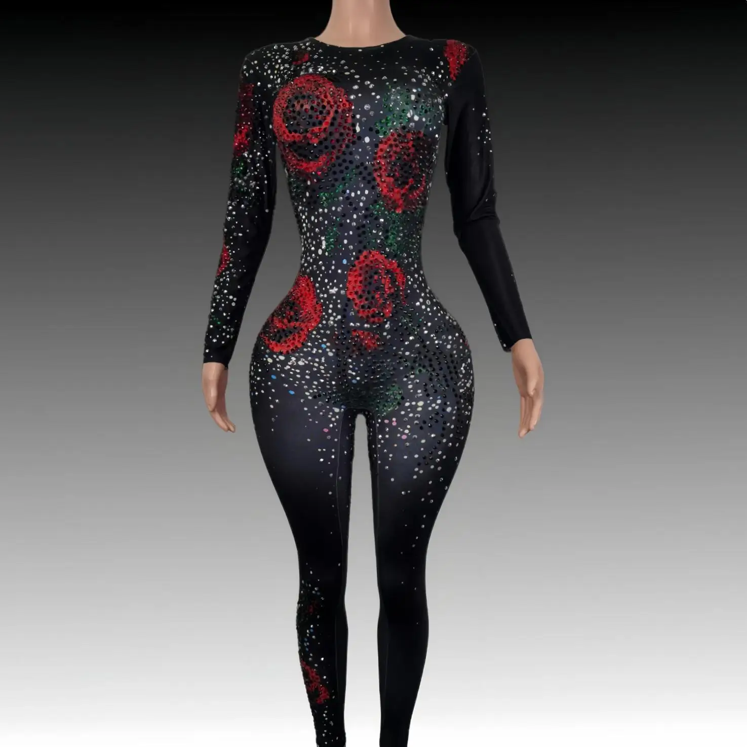 Women's Jumpsuit Singer Dj Sparkly Sexy Black Rose Crystal Jumpsuit Rhinestones Skinny Dance Jumpsuit Stage Ds Performance Wear