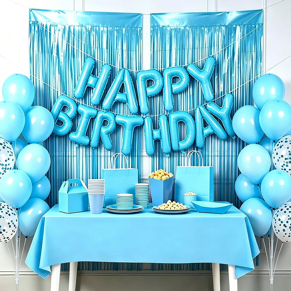 Light Blue Party Supplies Set: Disposable Plates, Cups, Tablecloth, Balloons & Foil Curtain for Baby Shower or Boy's Birthday Decor