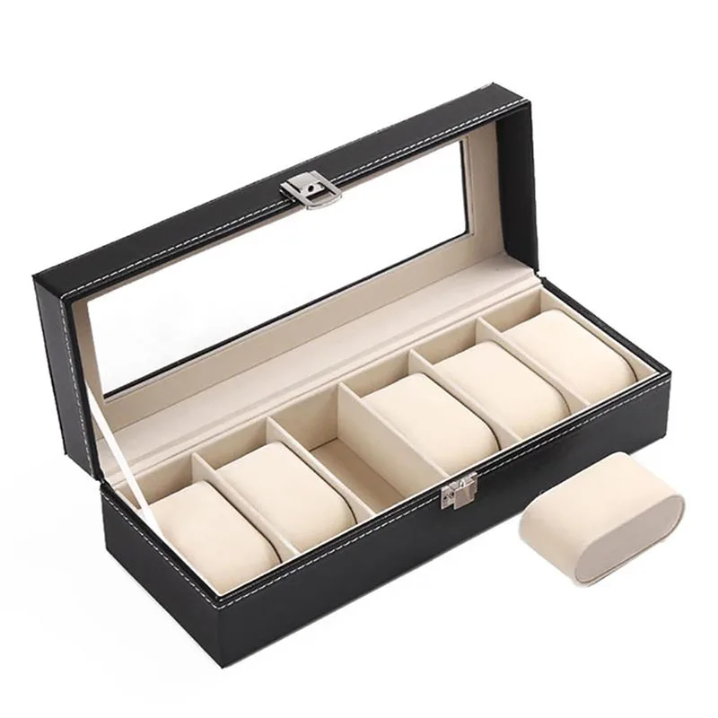 6 Slot PU Leather Watch Box Display Case Jewelry Organizer with Glass Top watch storage box