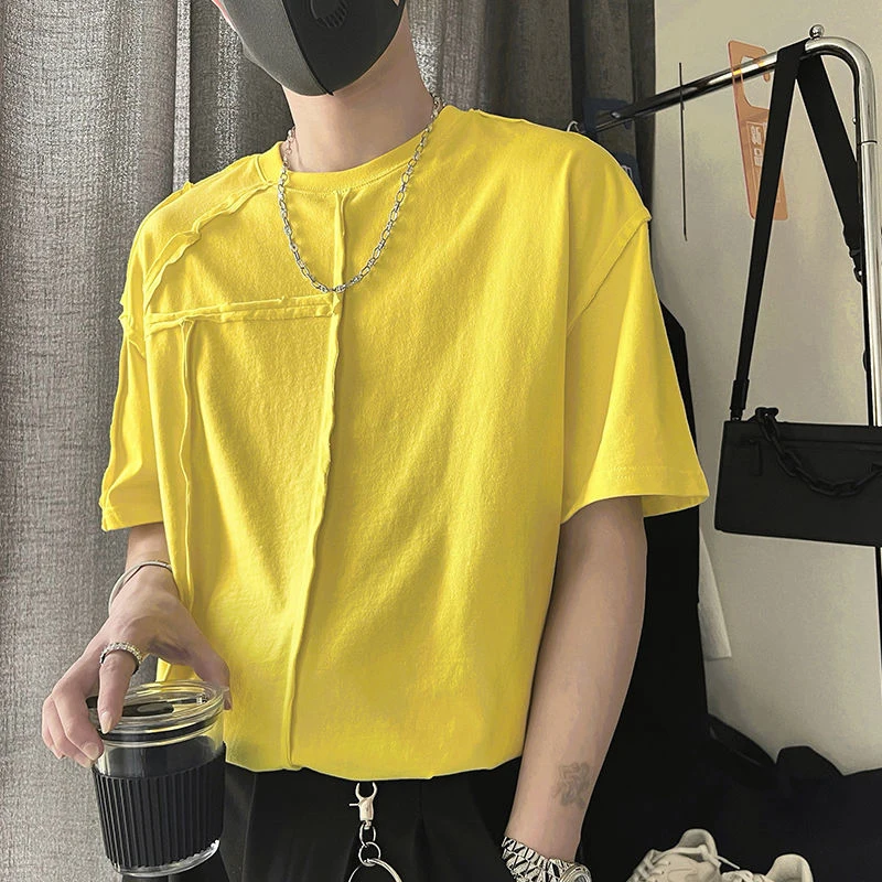 

Summer Bright Line Decoration Short Sleeve Men T Shirts Korean Fashion Handsome Boys Casual Harajuku 2xl Oversized Clothing Tops