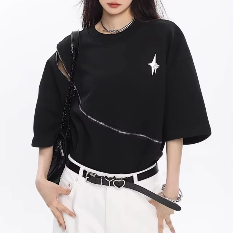 

2024 Summer New Women Punk Solid T-shirt Diagonal Zipper Loose Tshirt Hollow Out Shoulder High Street Fashion Casual Tee Shirt