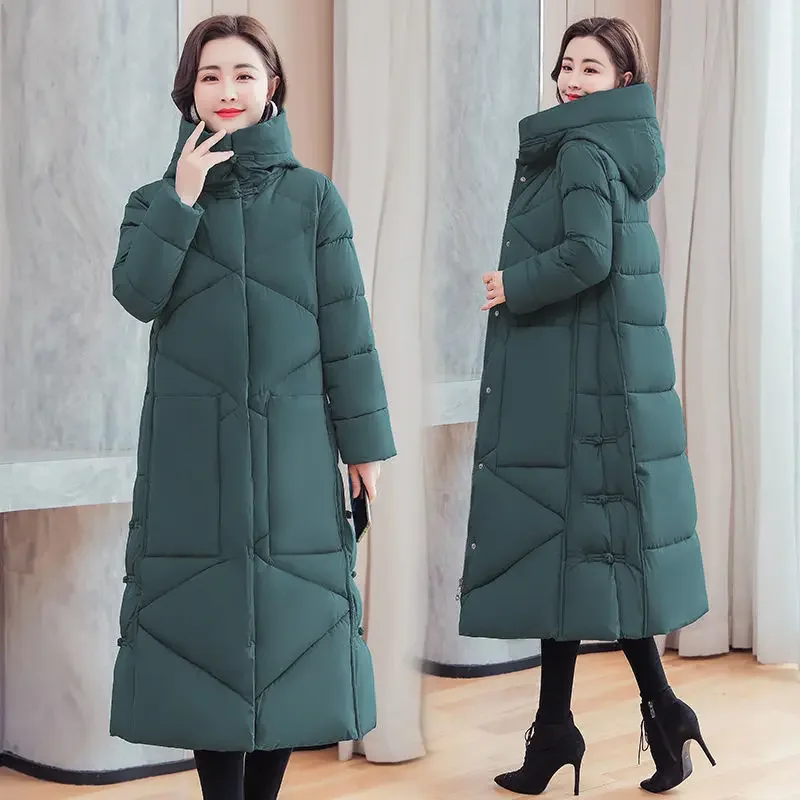 Retro Women's Long Down Padded Jacket Winter Warmth Korean Fashion Loose Long Cotton Coat Over The Knee Cotton Jacket Coat New