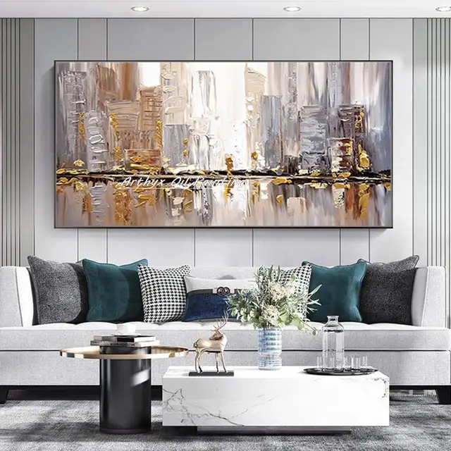 Arthyx, peinture à l'huile sur toile de paysage de ville abstraite de bâtiment doré fait à la main, grande image d'art mural pour la décoration de la maison du salon 5