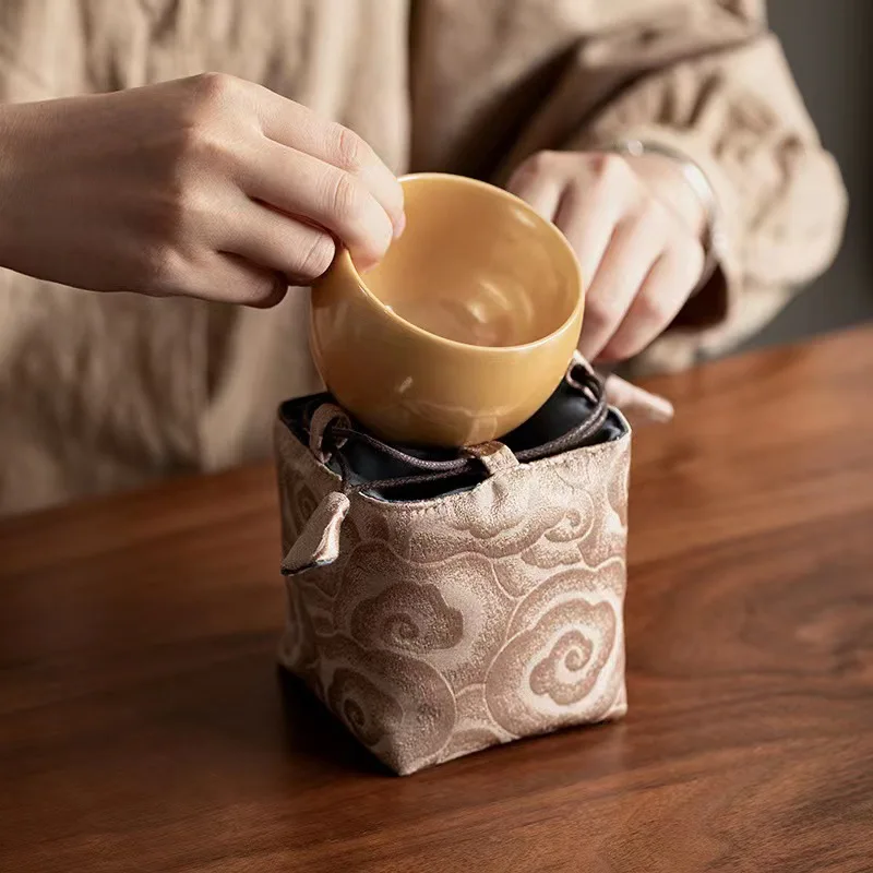Chinese Style Tea Ceremony Master Cup Cloth Bag Art Portable Bag Square Brocade Drawcord Embroidery Thicken Storage ZD46