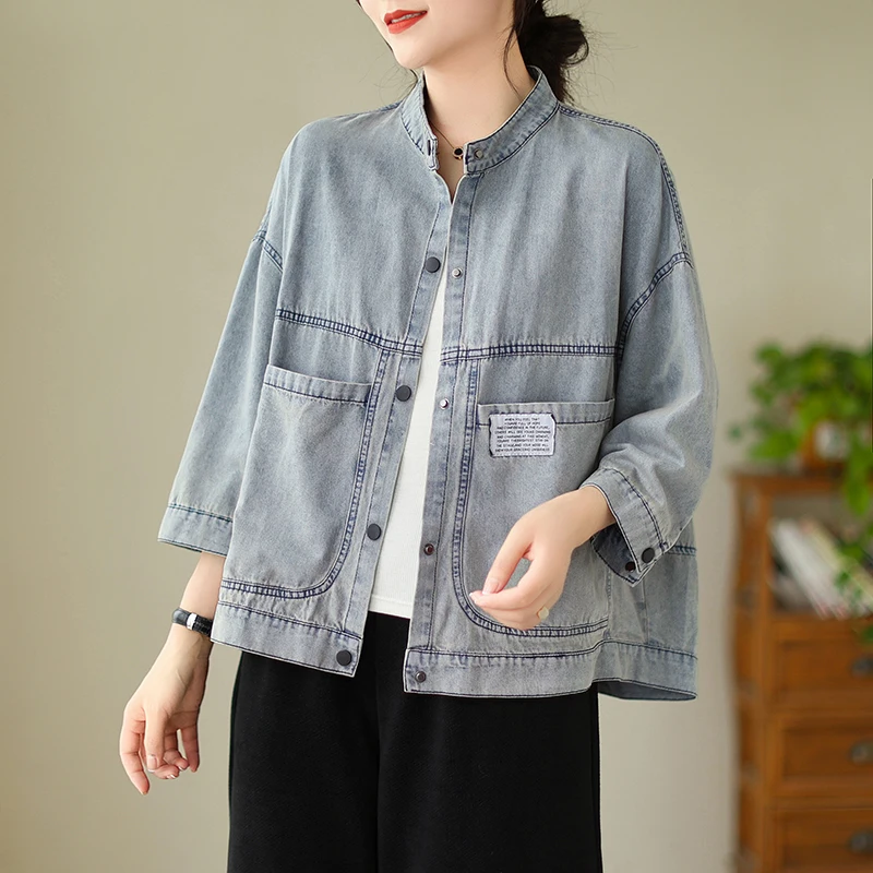 Korean Style Fashion Pregnant Woman Denim Jacket with Large Pockets Autumn Vintage Maternity Coats Button Fly Long Sleeve Coat