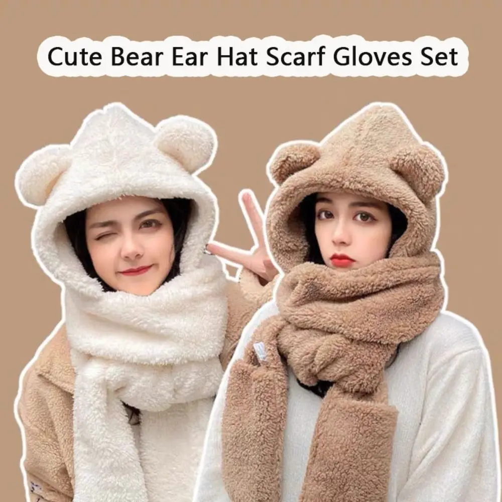 Winter Warm Women Bear Ear Hat Scarf Gloves Set