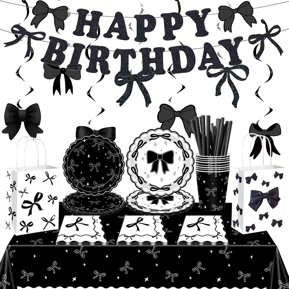 Schwarze Schleife, Partyzubehör, Geschirr, Pappteller, Tassen, Schnappsel, Banner, Mädchen, Frau, Hochzeit, Verlobung, Geburtstag, Partydekorationen