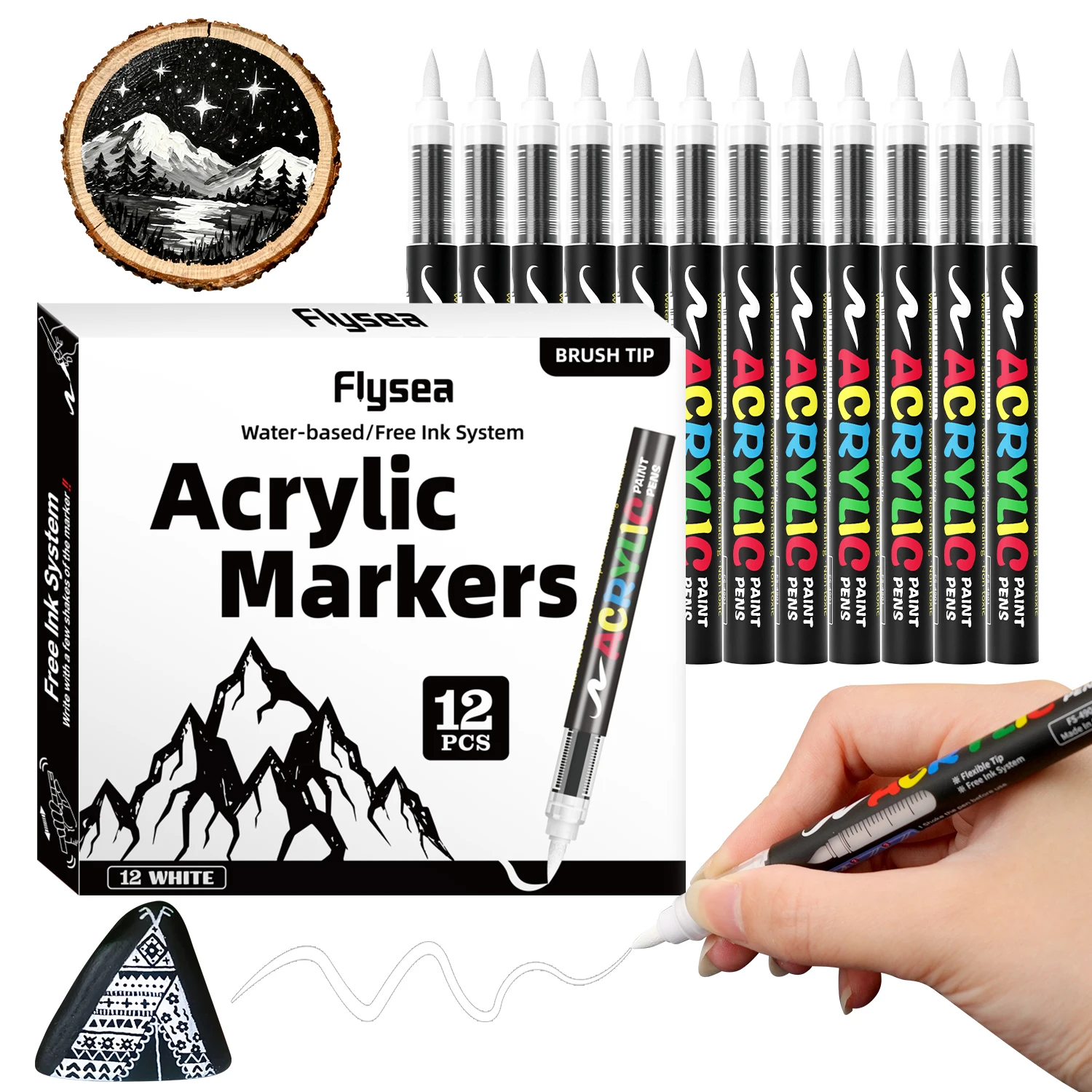 12 Stück Farbstifte Acrylmarker - Schwarz, Weiß, Gold, Silber, Weiche Pinselspitze Wasserbasierte Markerstifte für Steinmalerei, Holz – Detail 10
