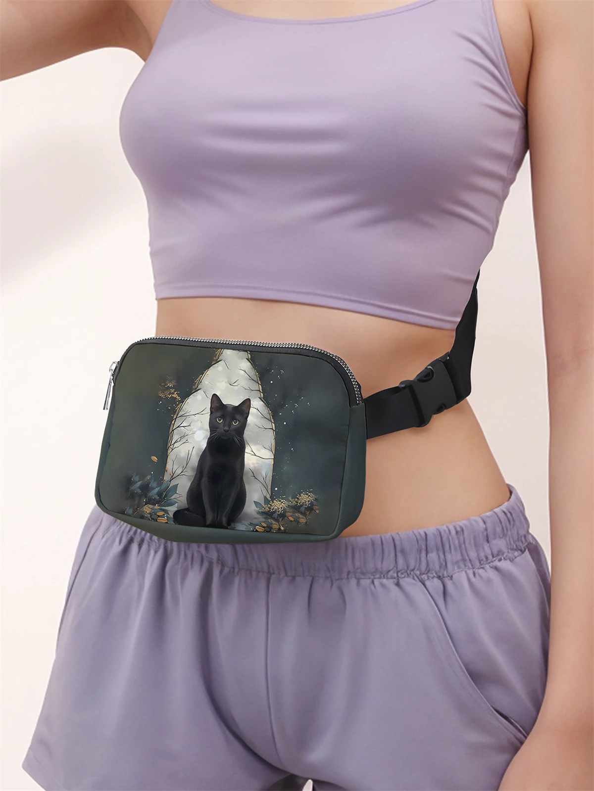 1-piece set, black cat pattern fashionable adjustable crossbody bag, neutral sports waist bag, suitable for running