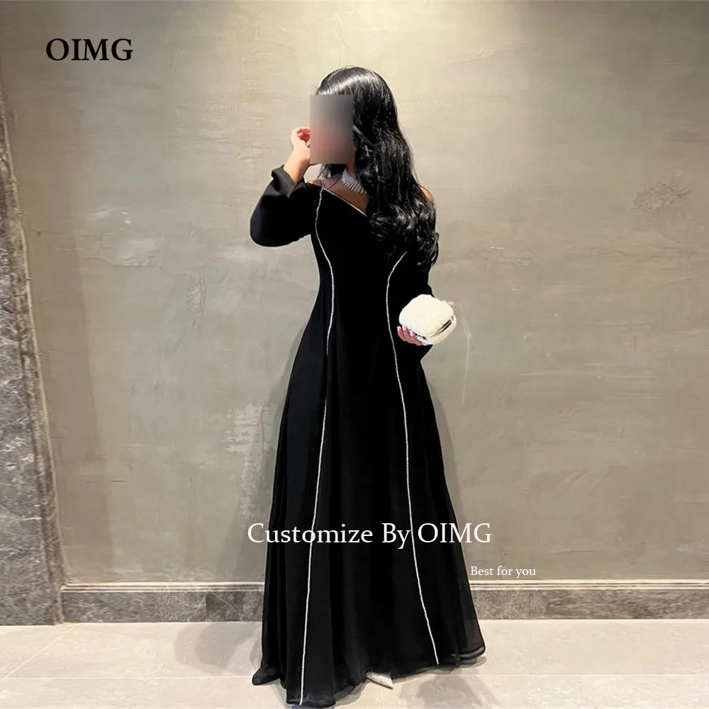 

OIMG Black Stretch Long Beads A Line V Neck Prom Party Dresses Dubai Arabic Long Sleeves Evening Cocktail Formal Dress Gowns