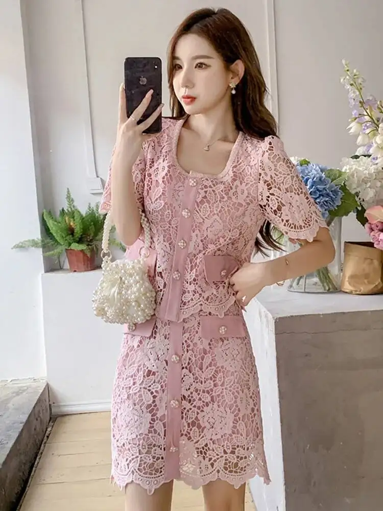 Vintage Single Breasted Pink Lace Skirt Sets For Women Short
