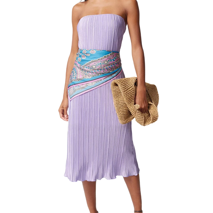 

Женское элегантное платье-футляр, однотонное платье без рукавов с открытыми плечами, без бретелек, плиссированное платье с запахом, Пляжное Платье-бандо средней длины