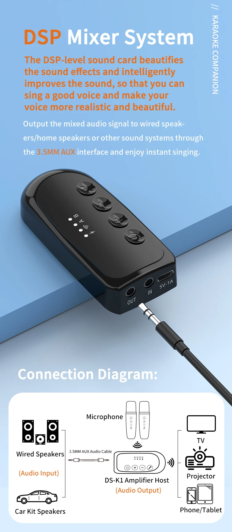 Description Picture 4 of itemVAORLO DSK1 Original Bluetooth Wireless Moving-Coil Microphones Karaoke Companion KTV DSP Mixer For Wired Speaker/PC/TV/Car Kit